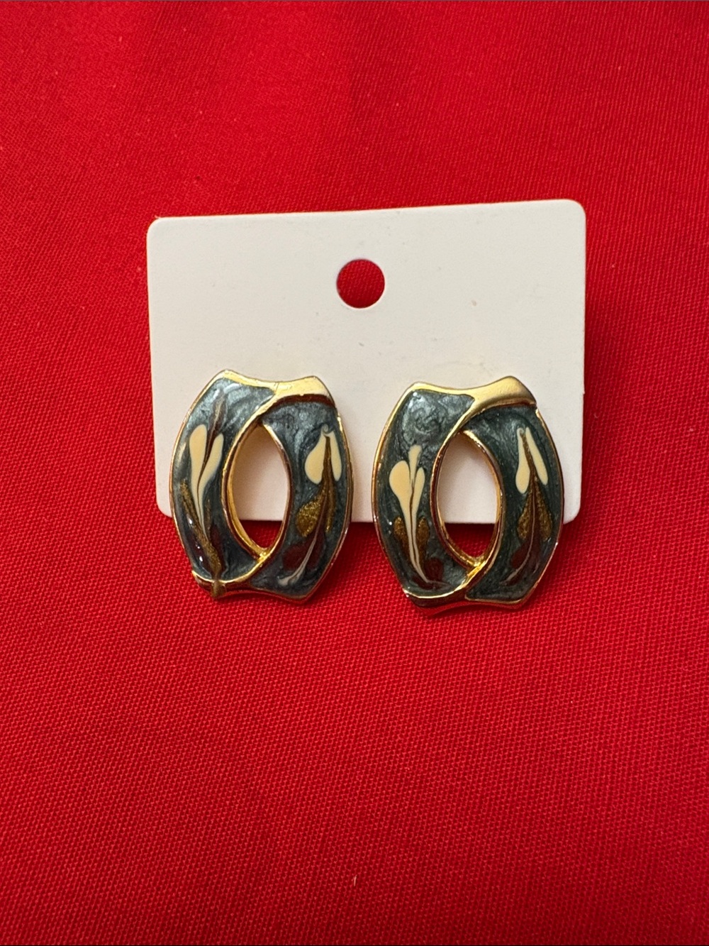 Gold and Dark Green Abstract Hoop Earrings - Women Jewelry